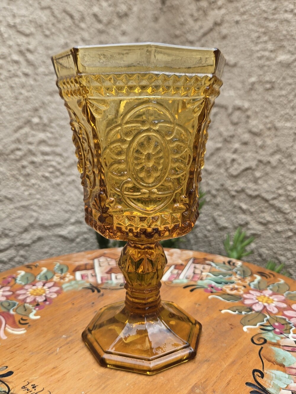 Strawberry Street Vatican 8oz Amber Red Wine Glass Embossed Goblet VTG Regency